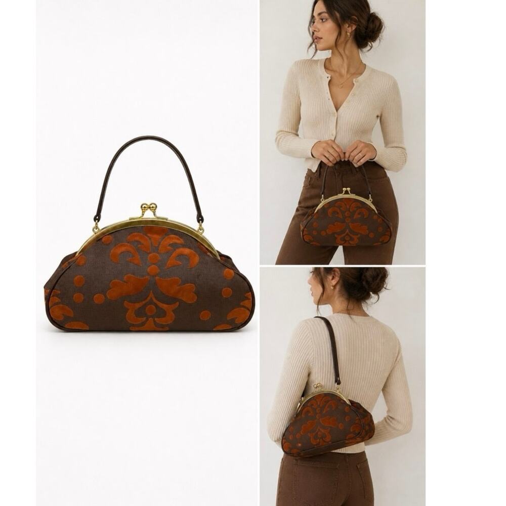 Murval Brown Velvet Flocked Handbag Purse Gold Kiss Lock Frame Retro Style